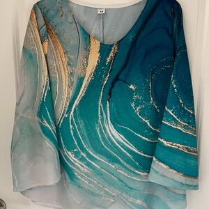 Pretty Flowing Turquoise, White, and Gold Top
